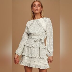 Lulus White Polka Dot Lace Trim Boho Midi Dress XL Long Sleeve